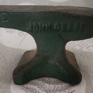 Miniature Vintage John Deere Green Cast Iron Anvil